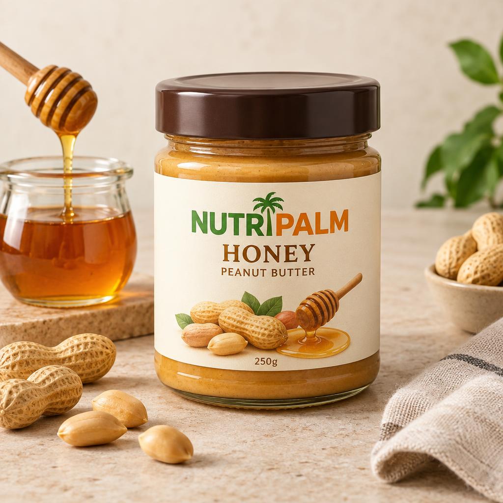Honey Peanut Butter demo 250g jar with its flavour ingredients