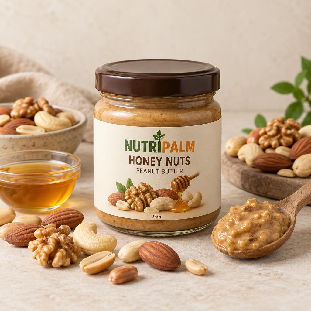 Honey Nuts Peanut Butter demo 250g jar with its flavour ingredients