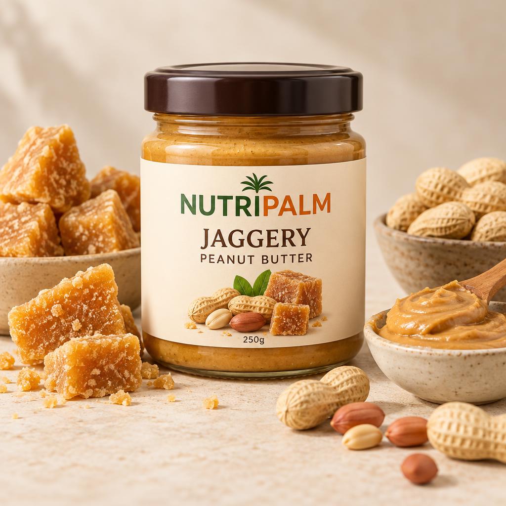 Jaggery Peanut Butter demo 250g jar with its flavour ingredients